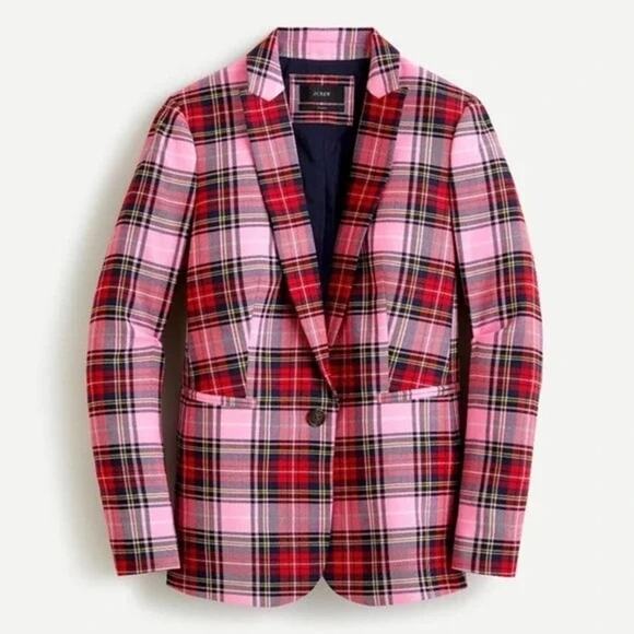 RARE J. Crew Parke Blazer Jacket Pink Tartan Stewart Plaid Check Holiday Size 0 - Picture 1 of 10